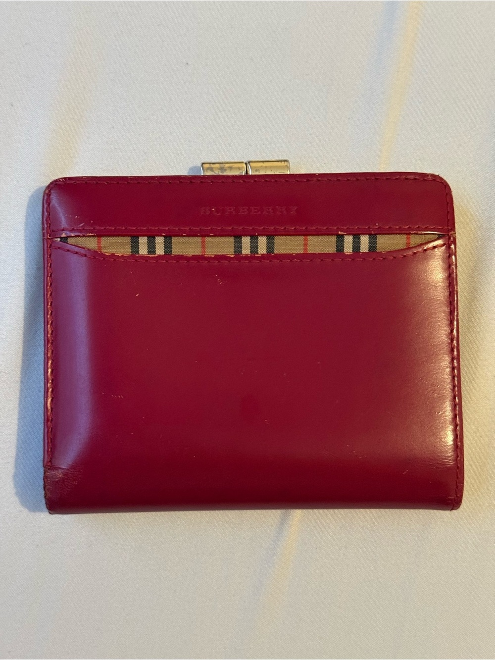 Y2K VINTAGE AUTHENTIC Burberry Red Leather Nova Check French wallet purse